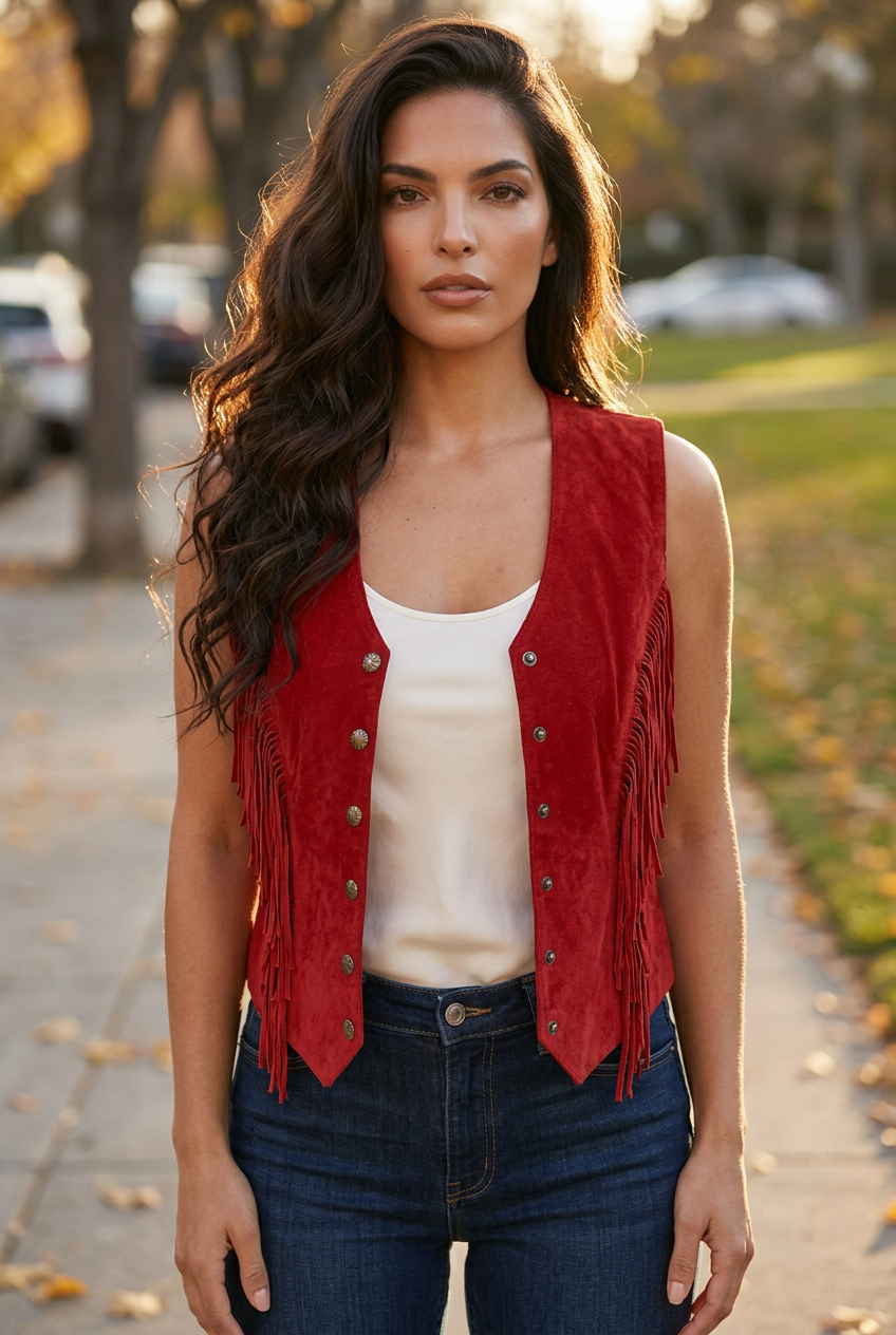 Blaire Red Leather Fringe Vest