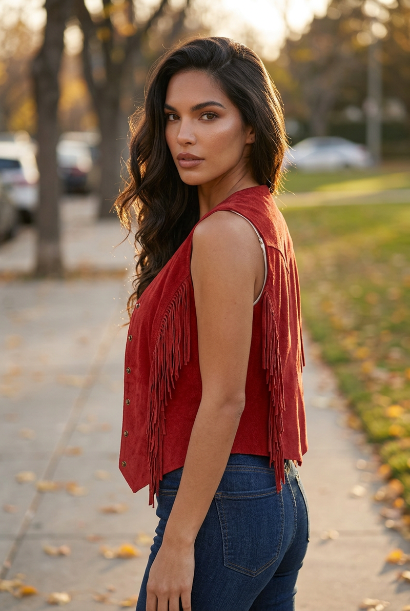 Blaire Red Leather Fringe Vest