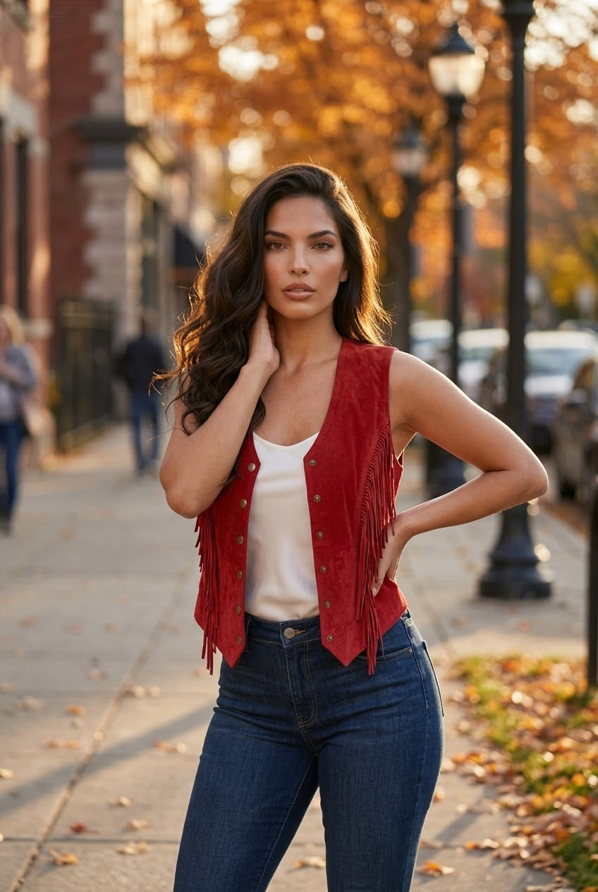 Blaire Red Leather Fringe Vest